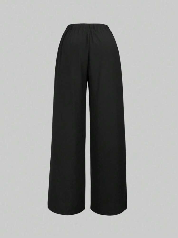 SHEIN LUNE 2 Pieces Plus Size Solid Color Long Sleeve Drawstring Minimalist Top And Pants Set - Black - View 5