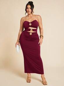 SHEIN BAE Große Größen Damen Schwarzes Metalldekor Ausschnitt-Kleid, Urlaub - Bordeaux - Übersicht 4