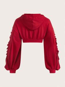 SHEIN EZwear 红色加大码女式做旧落肩拉链前开襟连帽卫衣 - 紅色 - 查看 2