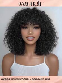 Density Pro Real Human Hair Fluffy Wear & Go Glueless Curly Bob Wig With Bangs, 12 Inch Natural Black Water Wave Full Machine Made Deep Curl Wig, 250% Density 100% Human Hair - S1B - View 1