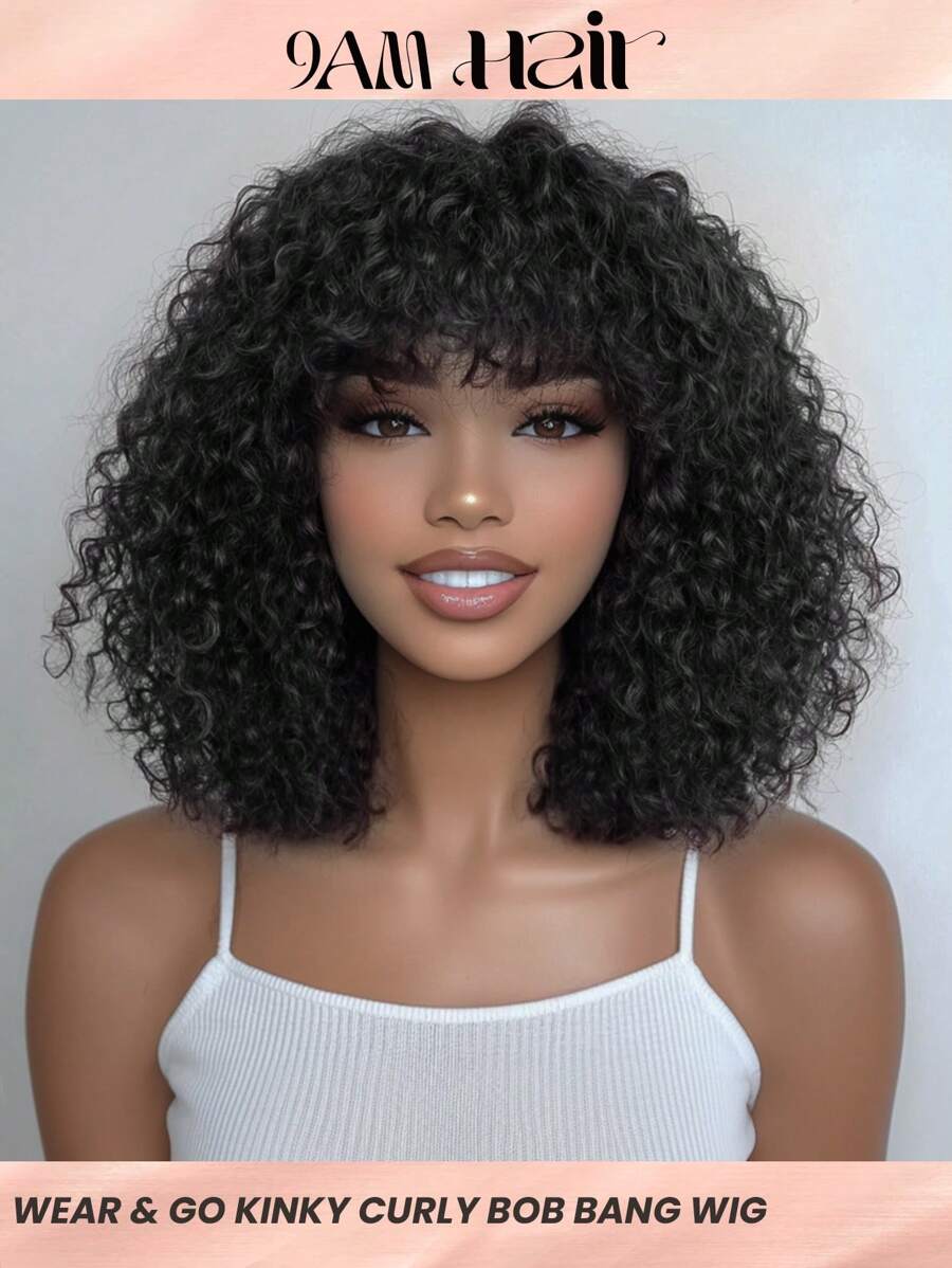 Density Pro Real Human Hair Fluffy Wear & Go Glueless Curly Bob Wig With Bangs, 12 Inch Natural Black Water Wave Full Machine Made Deep Curl Wig, 250% Density 100% Human Hair - S1B - View 1