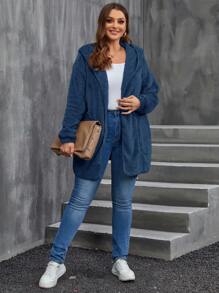 SHEIN LUNE 女款加大码休闲纯色前拉链连帽抓绒外套，泰迪熊连帽设计，适合秋季和冬季穿着，蓝色。 - 水鴨藍 - 查看 3