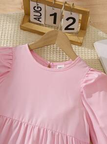 Elladie kids Vestido elegante para niña con cuello redondo, mangas farol, decoración de lazo exagerado y pliegues en contraste de color - Rosa - Ver 7