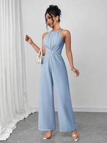 Firerie Bộ đồ liền thân không tay tối giản màu trơn dành cho nữ có dây thắt lưng sau lưng, mặc hàng ngày - Màu xanh nhạt - Xem 6