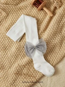 Cozy Pixies 1 件装女婴厚款蝴蝶结装饰紧身裤，适合户外穿着 - 白色 - 查看 4