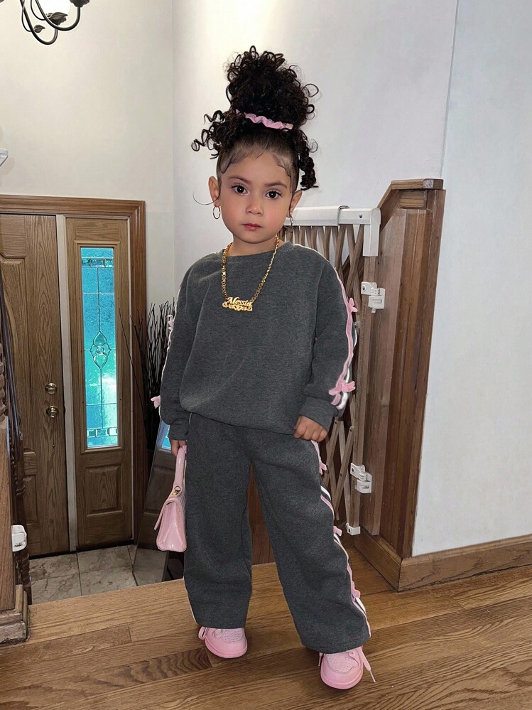 Bộ 2 quần nỉ và quần legging nơ ruy băng nhiều màu cho bé gái, thời trang thường ngày đa năng - màu đen - Xem 2