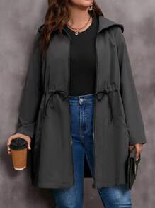 EMERY ROSE Jaket Kasual Wanita Ukuran Besar Lengan Panjang Warna Polos dengan Tali Serut di Pinggang dan Resleting Depan, Pakaian Musim Gugur untuk Wanita - Dark Grey - View 3