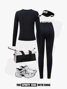 JNSQ 2 Stück/Set Jungen Herbst/Winter Sportoutfit, Slim Fit Langarm T-Shirt kombiniert mit Slim Fit Leggings, geeignet für den täglichen Gebrauch, Outdoor-Aktivitäten, Urlaub, Streetwear, Party und Lässig - Schwarz - Übersicht 3