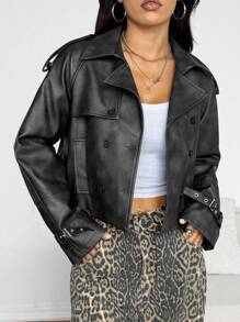 SHEIN EZwear Women's Shoulder Pad Long Sleeve Double-Breasted PU Leather Fashion Short Jacket Autumn Winter Clothes For Women - Black - View 5