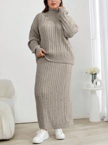 EURMUSE Cable Knit Turtleneck Sweater And Skirt Two Pieces Set - Mocha Brown - View 1