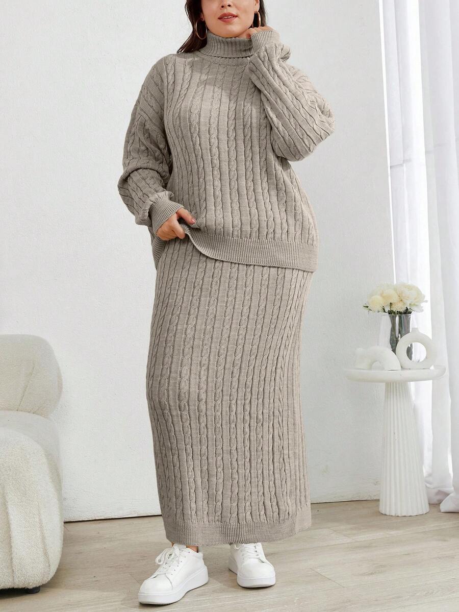 EURMUSE Cable Knit Turtleneck Sweater And Skirt Two Pieces Set - Mocha Brown - View 1