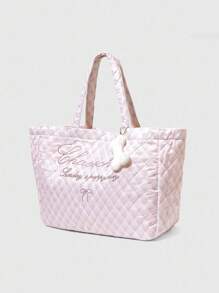 ROMWE Kawaii Stylish Pink Rhombus Pattern Letter & Bow Decor Rhinestone Accented Portable Shoulder/Handbag, Large Capacity Versatile Design Suitable For Holiday, Social, Shopping, Photography - Pink - View 4