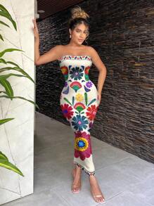 SHEIN SXY 波西米亚风格休闲花卉复古印花女士紧身连衣裙，适合夏季度假 - 彩色 - 查看 4