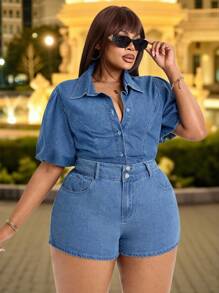 Slaydiva 大码女式无弹力牛仔上衣，泡泡袖设计，收腰修身，秋季畅销款短袖衬衫，浅蓝色，尽显秋日复古优雅气质。 - 淺色水洗藍 - 查看 6