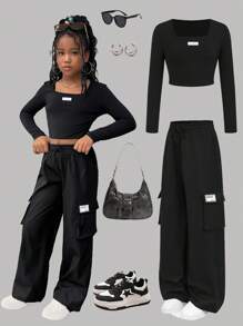 SHEIN 青少年女孩休闲针织高领长袖上衣和宽松工装口袋裤套装，非常适合秋冬街头穿着，周末休闲外出，母子装，青少年装，黑色青少年装，黑色工装裤套装，返校服装 - 黑色 - 查看 1