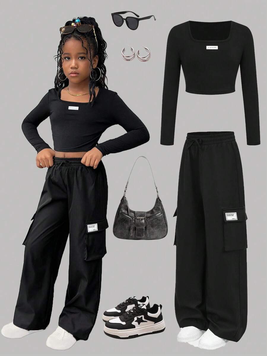SHEIN 青少年女孩休闲针织高领长袖上衣和宽松工装口袋裤套装，非常适合秋冬街头穿着，周末休闲外出，母子装，青少年装，黑色青少年装，黑色工装裤套装，返校服装 - 黑色 - 查看 1