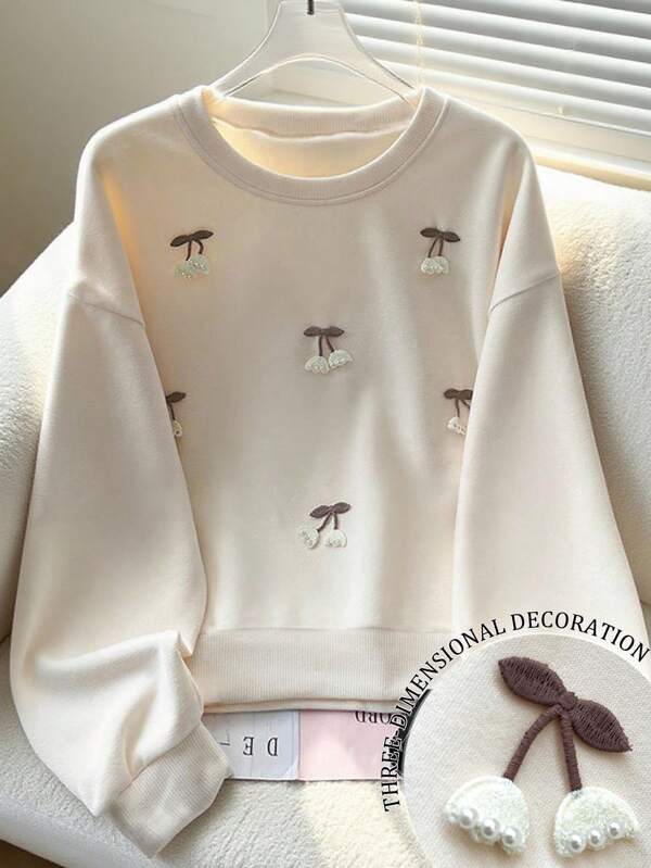 Resyla Cute Floral Embellished Women Regular Fit Crew Neck Long Sleeve Sweatshirt, Autumn/Winter Graduation,Back To School Outfits,Graduation,Teacher Outfits For Women,Back To School Pullover Fall Outfit