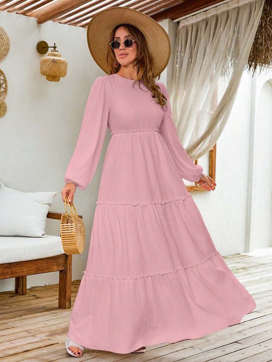 SHEIN Cottnline LANTERN LONG SLEEVE LAYERED LONG DRESS - Berwarna merah muda - View 1