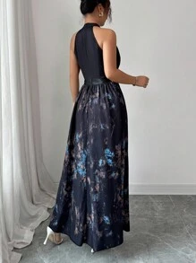SHEIN Clasi 无袖露背镂空收腰A字型数码印花优雅浪漫女式连衣裙 - 彩色 - 查看 2