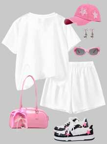 SHEIN 复古樱桃图案，奶油白色，少女休闲简约圆领短袖 T 恤和宽松短裤 2 件套，适合春夏季，清凉夏日，度假氛围