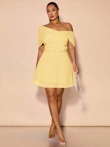 SHEIN BAE 大码女式绿色雪纺不对称网眼褶皱 A 字迷你连衣裙，春夏 - 黃色 - 查看 4