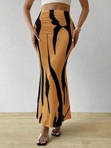 BamGleam Women's Printed Ruched Waist Mermaid Maxi Skirt Fall Cloth For Women - Ginger - View 1
