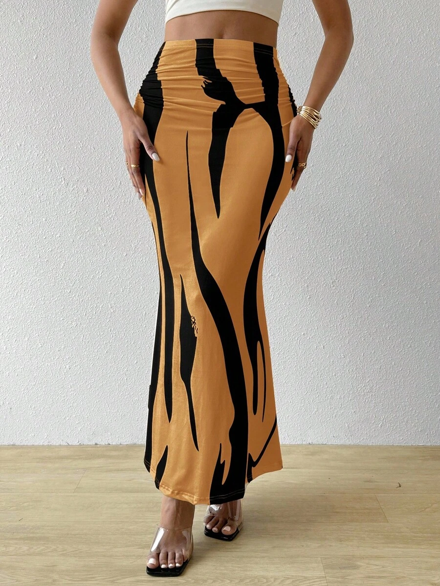 BamGleam Women's Printed Ruched Waist Mermaid Maxi Skirt Fall Cloth For Women - Ginger - View 1