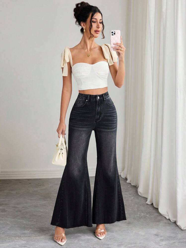 Elenzga Women's High Waist Pocketed Flare Casual Versatile Denim Jeans - Black - View 3