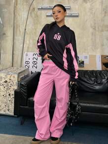 SHEIN Explorewe Streecool 儿童和青少年两件套：宽松连帽衫，带图案印花和工装裤，适合春秋季休闲装，适合上学和日常穿着 - 玫紅色 - 查看 6