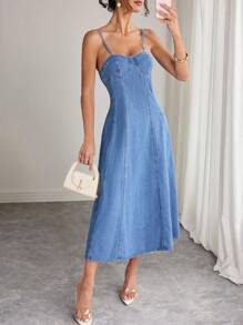 Elenzga Váy midi denim không tay thường ngày dành cho nữ - Rửa trung bình - Xem 3