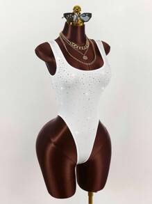 Amplova Rhinestone Embellished Sexy Bodysuit For Women, Party Wear White Bodysuit - Multicolor - View 5