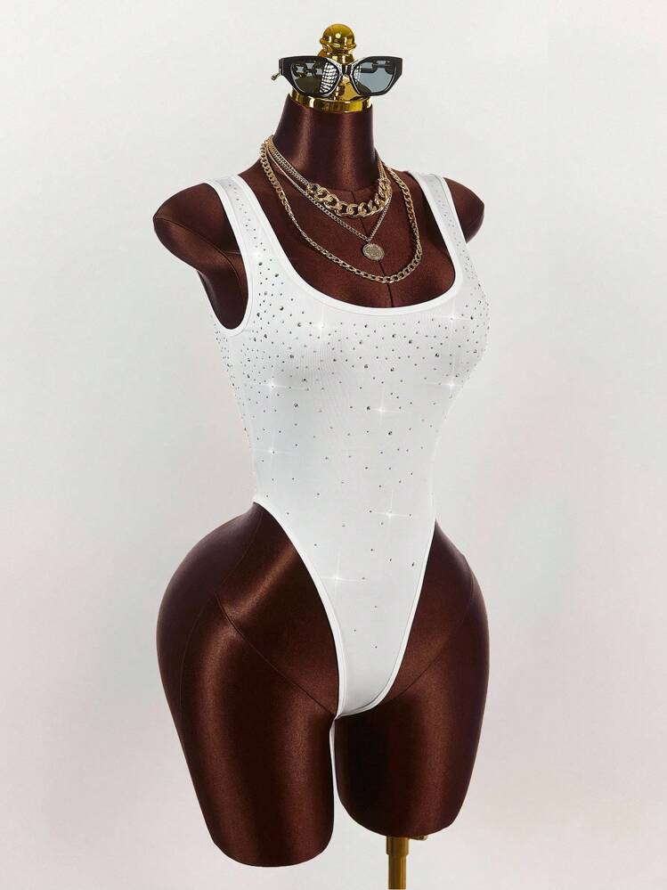 Amplova Rhinestone Embellished Sexy Bodysuit For Women, Party Wear White Bodysuit - Multicolor - View 5