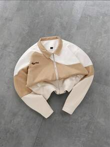 Manfinity EMRG Men's Colorblock Zip-Up Jacket, Streetwear Style Cropped Jacket Zip Up Jacket Crop Top Jacket Men Cropped Zip Up Jacket Mens Cropped Jacket Zip Up Cropped Jacket, Beige Zip Up, Graphic Jacket Zip Up, Men Crop Jacket - Multicolor - View 3