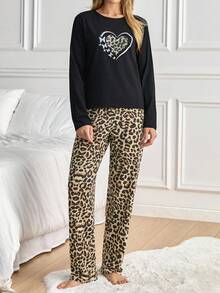 EURMUSE 心形豹纹长袖家居服套装（上衣和裤子） - 彩色 - 查看 6