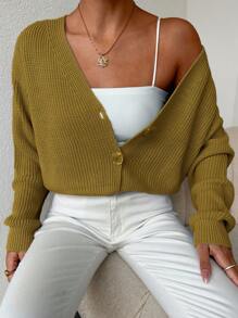 SHEIN Cottnline Women's V-Neck Button Down Cardigan - Olive Green - View 4