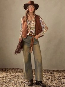 Wildy New Autumn Bohemian Casual Resort Long Sleeve Simple Teacher Blouse, Vacation Boho Paisley Top, 70s Western Blouse - Brown - View 6