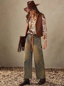 Wildy New Autumn Bohemian Casual Resort Long Sleeve Simple Teacher Blouse, Vacation Boho Paisley Top, 70s Western Blouse - Brown - View 7