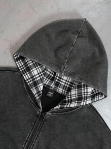 PAVTROS Manfinity Streetrush 男士 Y2K INS 时尚街头风格子拼接雪花水洗拉链连帽卫衣，复古做旧秋季连帽衫，百搭都市风，送给男友的理想礼物，返校必备，水洗拉链，Grunge 拉链连帽衫，连帽外套，纯棉拉链连帽衫，男士短款拉链连帽衫 - 彩色 - 查看 5