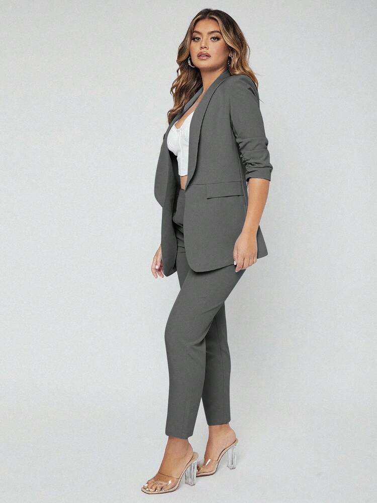 EURMUSE Spring Black Elegant Green Fruit Collar Cardigan Blazer And Trouser Suit - Mocha Brown - View 5