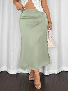 Firerie Plus Size Women Green Satin Mermaid Skirt, Romantic Fitted Back To School Fall
