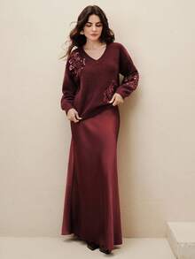 Anewsta French Elegant Dignified Floral Sequin Embroidered V-Neck Sweater - Burgundy - View 6