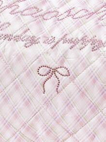 ROMWE Kawaii Stylish Pink Rhombus Pattern Letter & Bow Decor Rhinestone Accented Portable Shoulder/Handbag, Large Capacity Versatile Design Suitable For Holiday, Social, Shopping, Photography - Pink - View 3