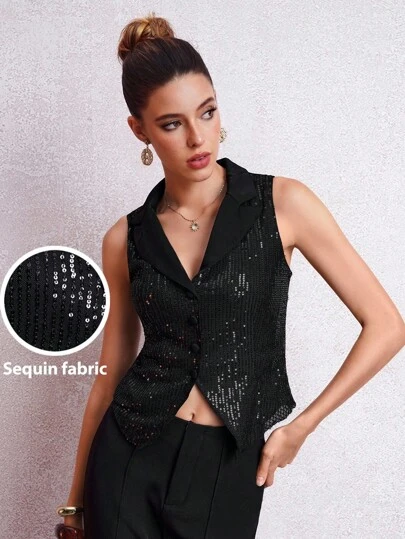 Lavishia Women's Sleeveless Black Suit Collar Fitted Sequin Party Top, Elegant For Autumn/Winter Sequin Top Spring Clothes Party Tank Top Summer Mardi Gras Going Out Tops Women Tank Top