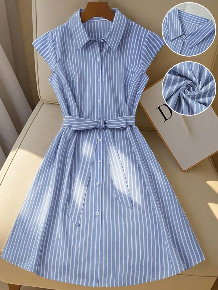 GlowEve CURVE Plus Size Women Sleeveless Striped Simple Versatile Dress - Blue - View 1