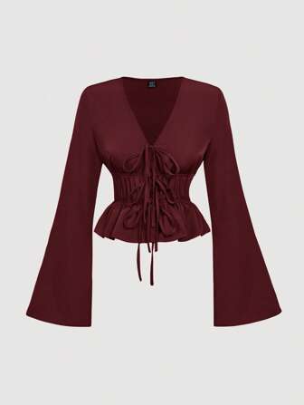 SHEIN MOD Blaus Lengan Suar Depan Wanita Burgundy, Kostum Berongga, Wanita , Kostum Syaitan, Vintaj, Baju Atasan Lanun, Pakaian Hippie, Baju Atasan Keluar, Baju Atasan Musim Gugur