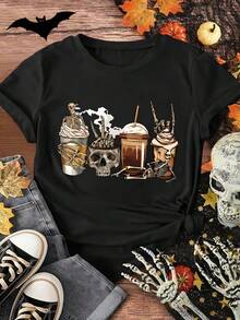 INAWLY Plus Size Women Skull Coffee Print Round Neck Short Sleeve T-Shirt, Summer