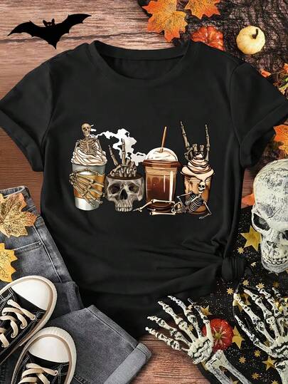 INAWLY Plus Size Kvinnor Skull Coffee Print rundhalsad kortärmad T-shirt, sommar