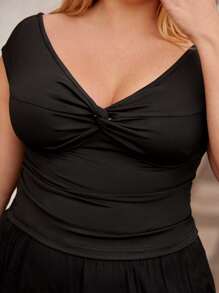 Maija Plus Size Black One-Shoulder Front Collar Design Collar Women's Tops, Suitable For Office Spring And Summer Leisure And Comfortable All-Match Women's Spring And Summer Festival Seaside,Off The Shoulder Top,Business Casual Woman,Going Out Tops,Old Money Style ,Concert Outfits For Women ,Bachelorette Outfits - Black - View 5