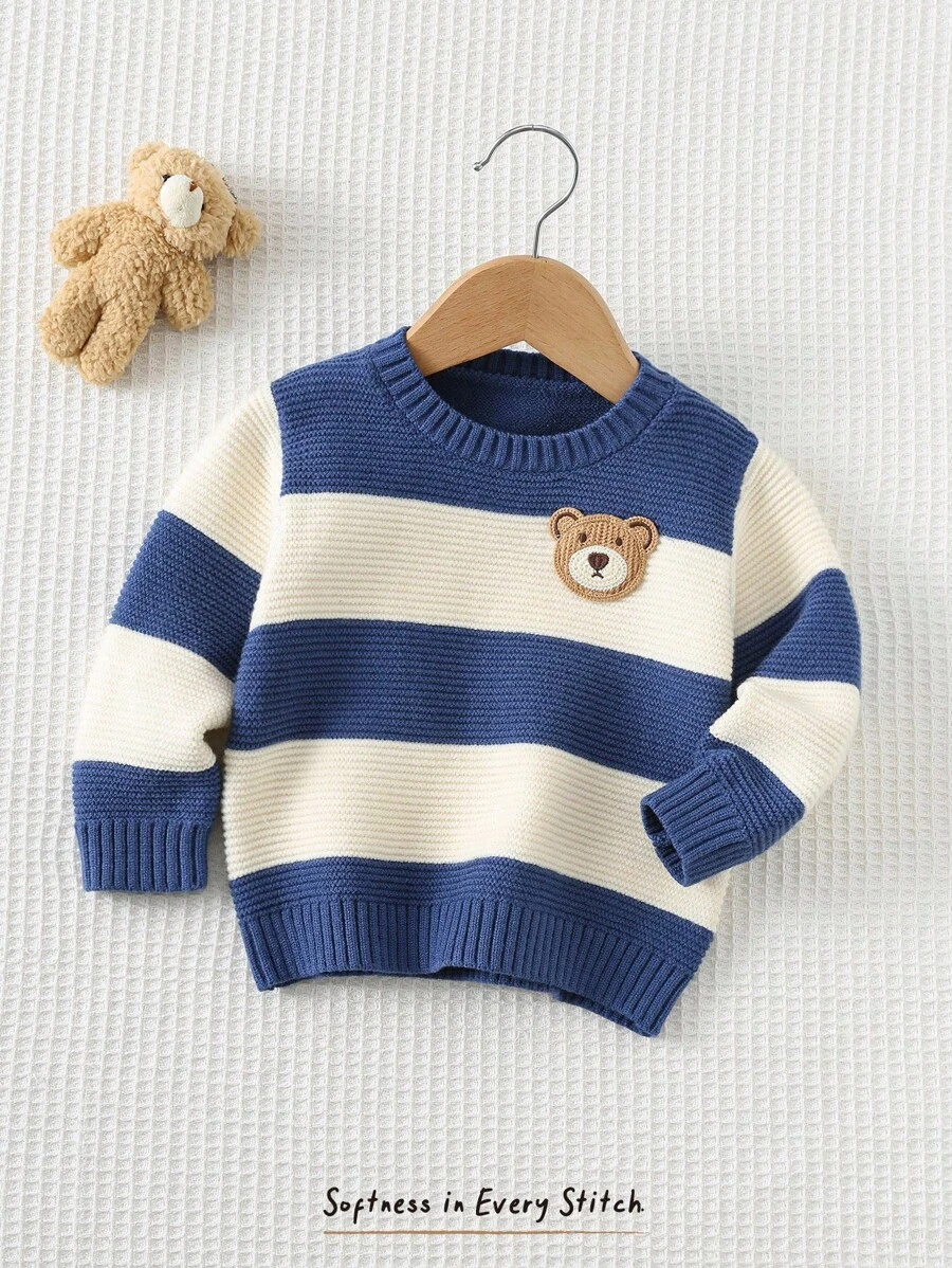 Cozy Pixies Baby Boy Cartoon Bear Striped Pattern Crew Neck Long Sleeve Sweater,In Fall/Winter