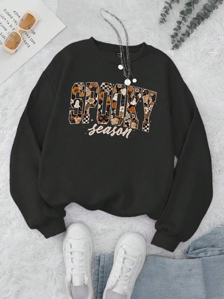 INAWLY 万圣节鬼魂季节，秋季南瓜，鬼魂妈妈保暖内衬图案印花圆领运动衫女式套头衫秋季 - 黑色 - 查看 4